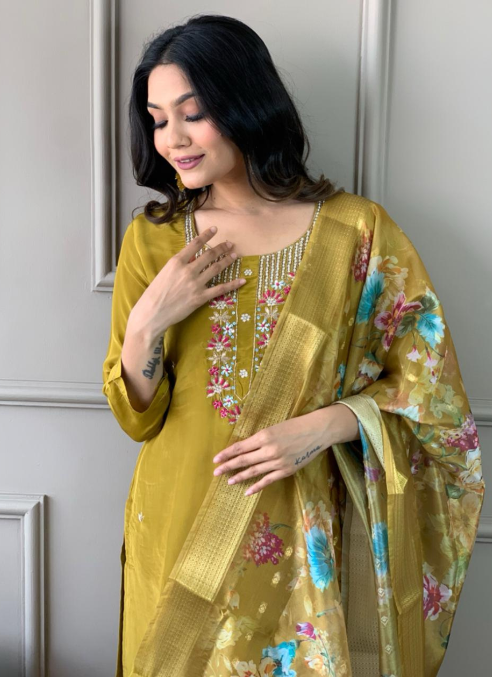 Nakshatra Readymade Mustard Chanderi suit