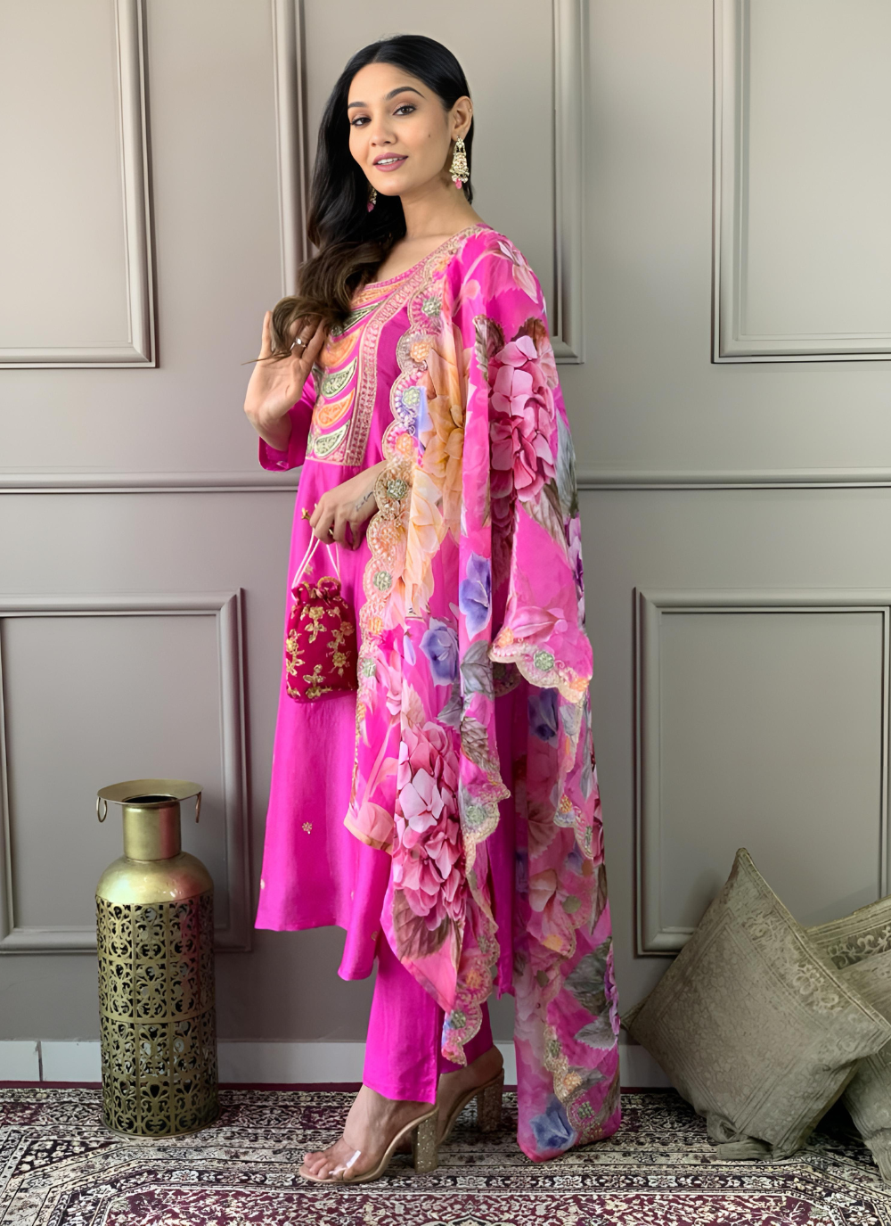 Nakshatra Readymade Pink Chanderi suit