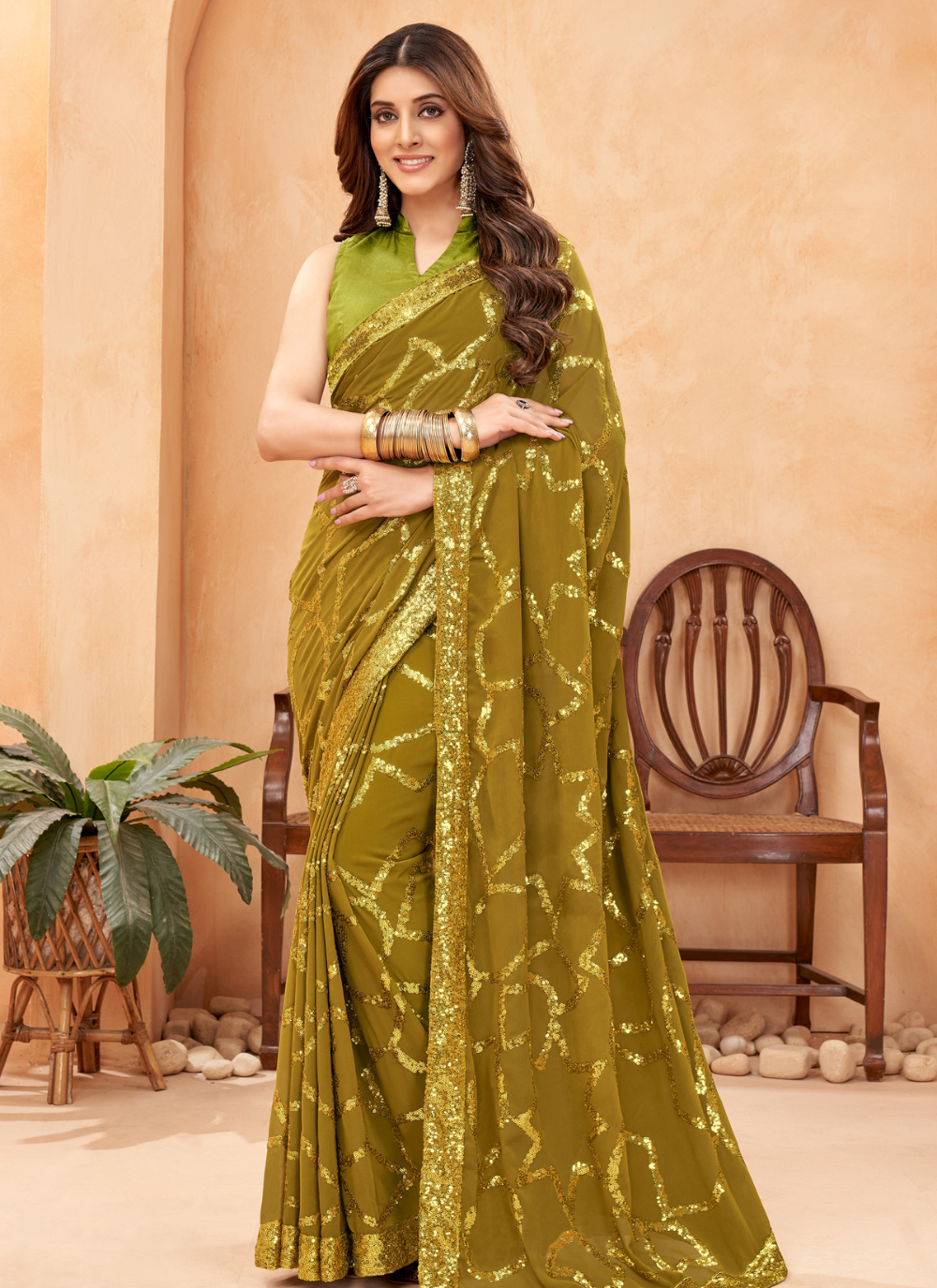 Nakshatra Olive Green Sequence saree