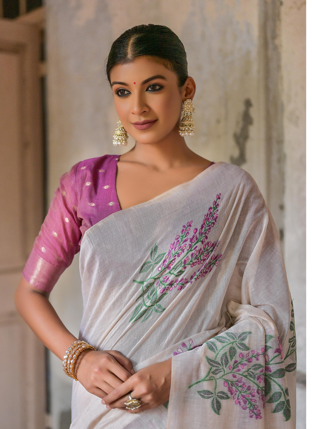 Nakshatra Off White with Wine Blouse Cotton Saree