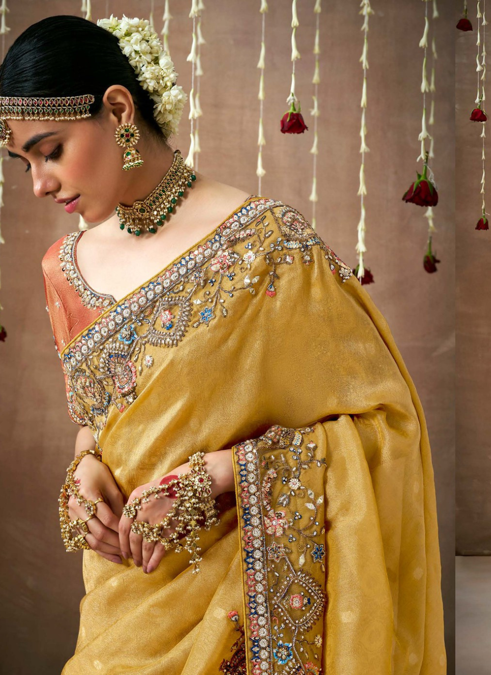 Nakshatra Mustard Tissue silk Bridal saree