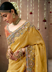 Nakshatra Mustard Tissue silk Bridal saree