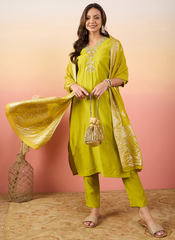 Nakshatra Yellow Colored Silk Embroided suit