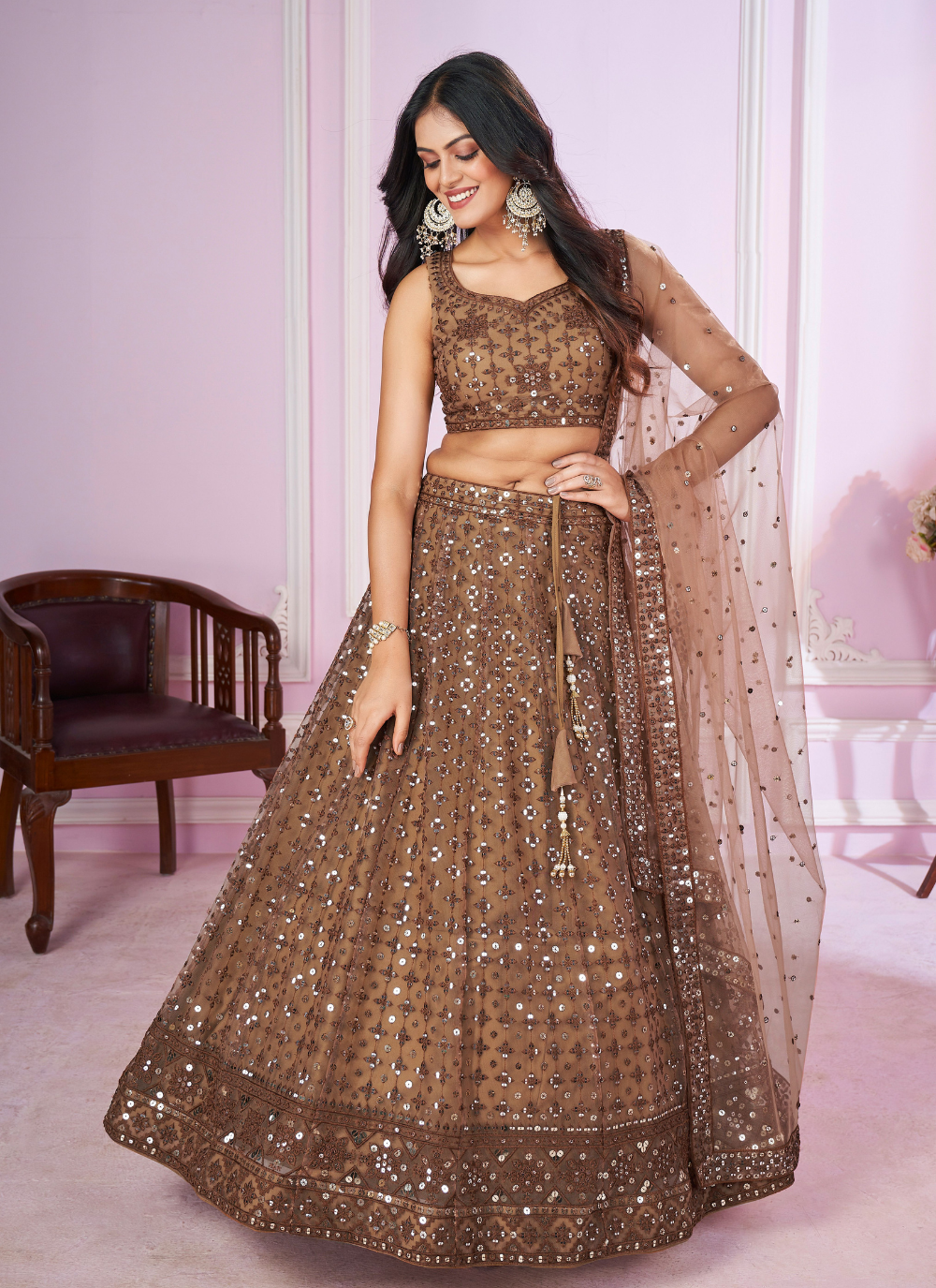 Nakshatra Brown Party Wear  Sequence Lehenga