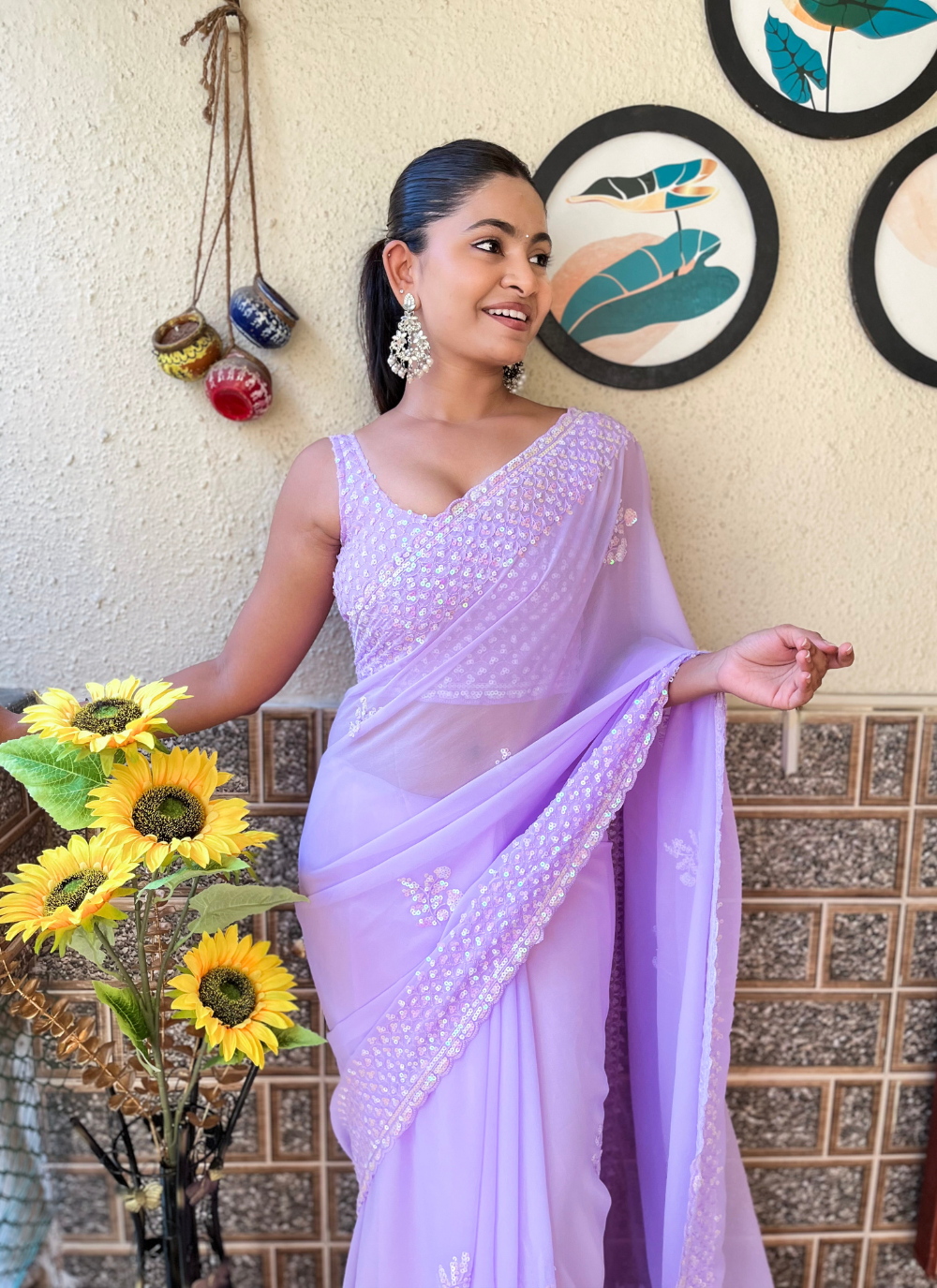 Nakshatra Lavender Sequenced Cut Work Saree