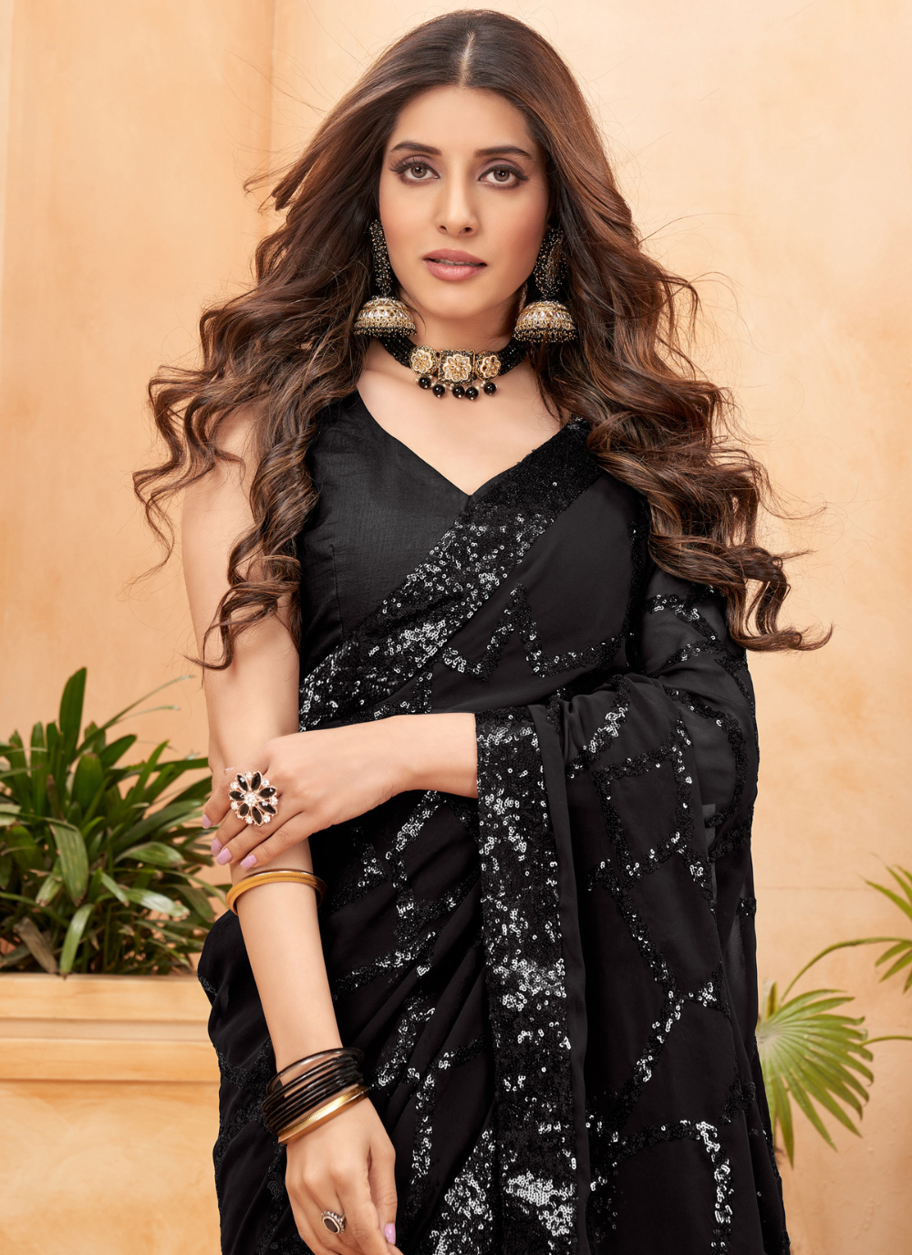 Nakshatra Bold Black Sequence saree