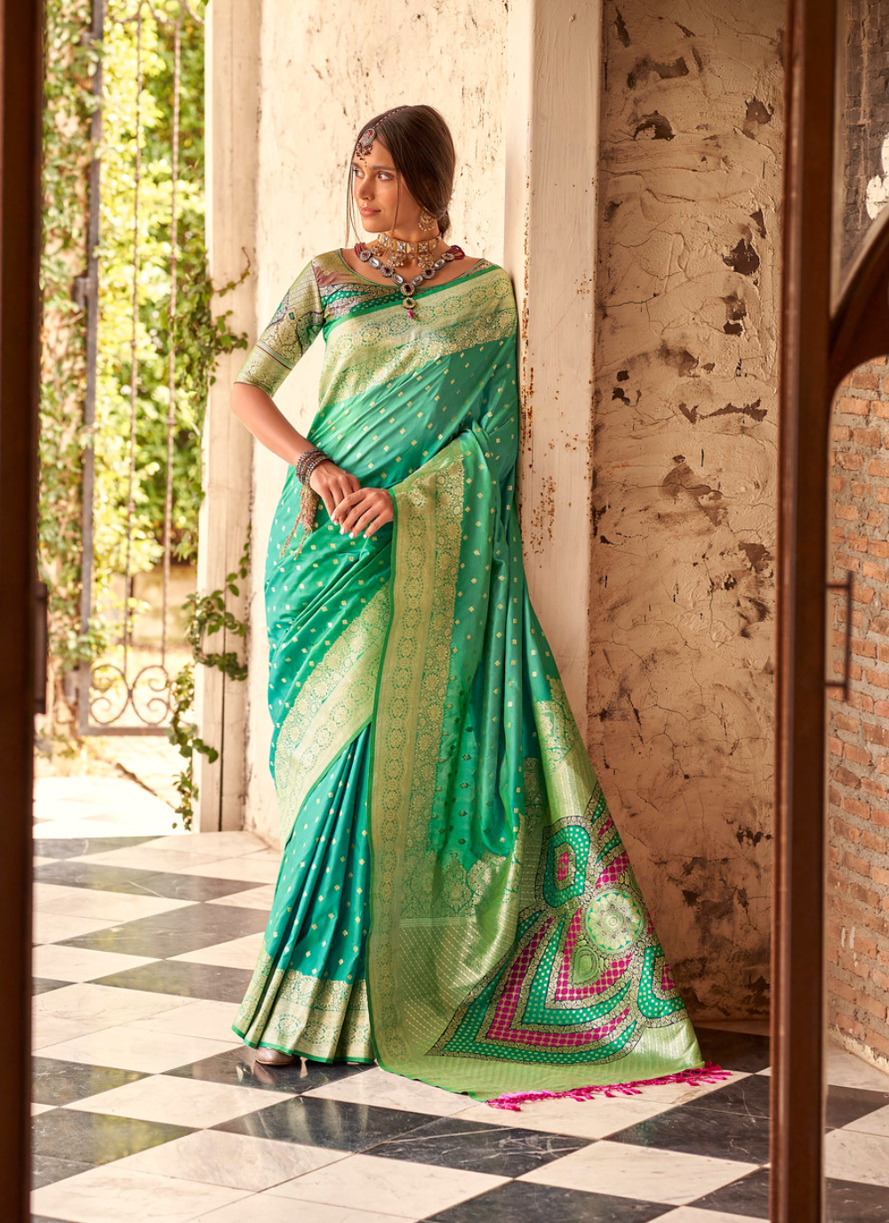 Nakshatra Green Zari Weaving Silk Saree