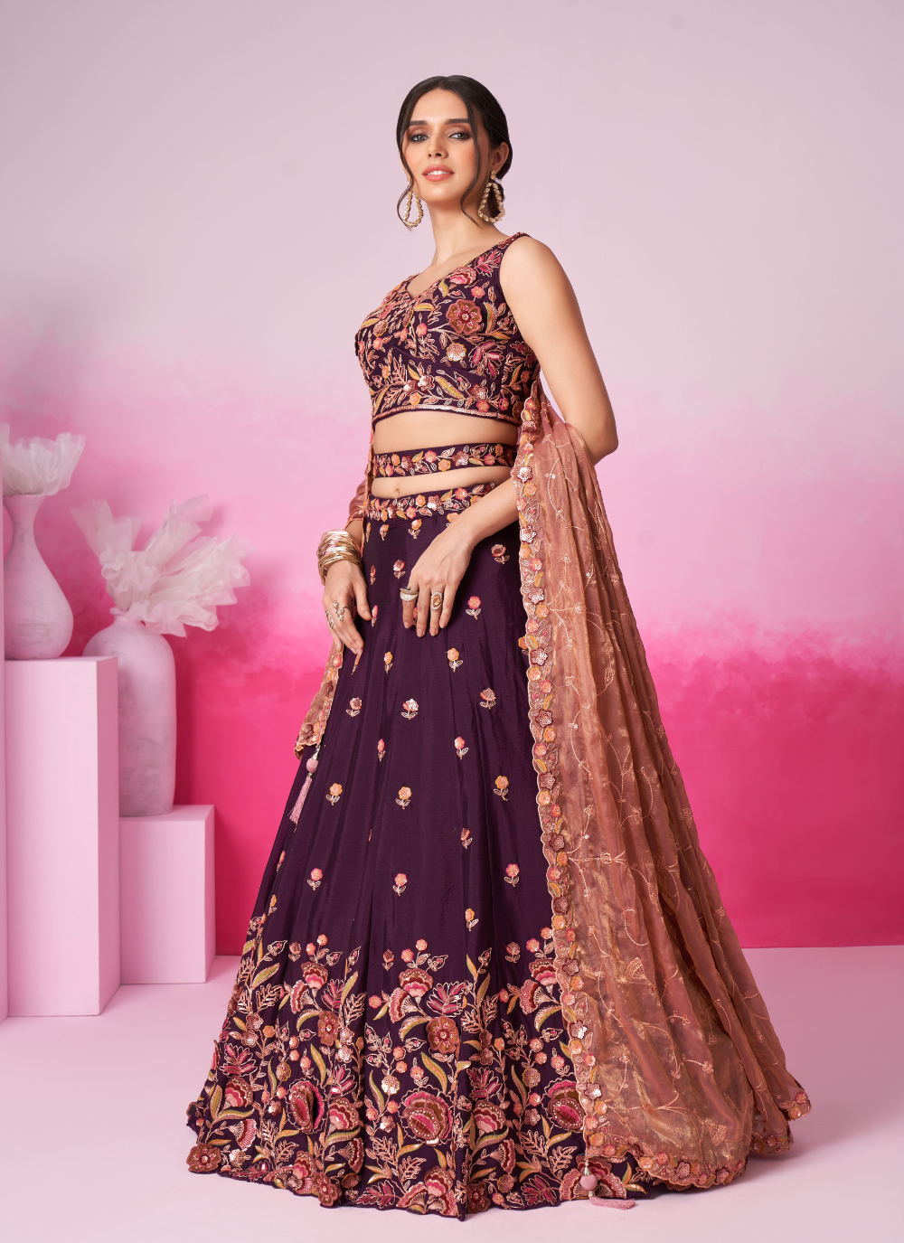 Nakshatra Burgundy Blue Embroidery Lehenga