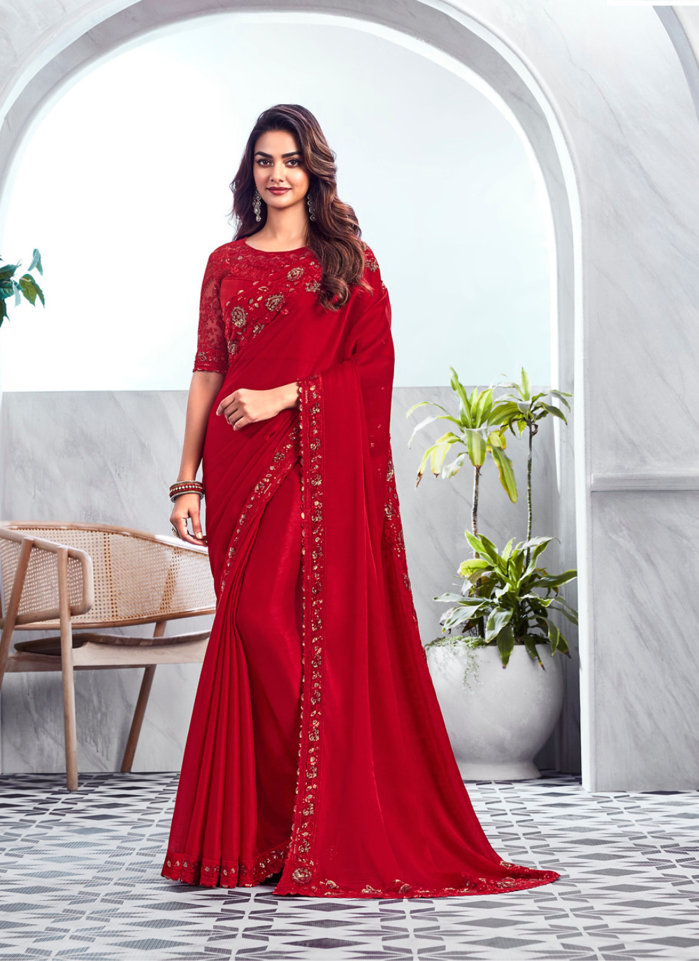 Nakshatra Radiant  Red Chiffon saree