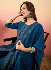 Nakshatra Teal Blue Silk Embroided suit