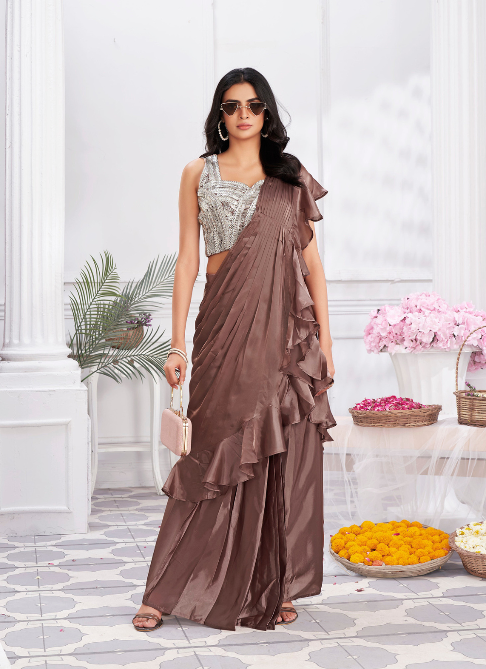 Nakshatra  Chocolate Brown Ready to wear Satin sari