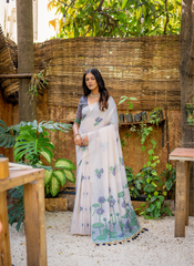 Nakshatra Off White with Blue Blouse Cotton Saree