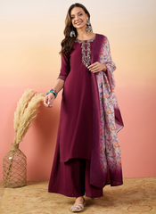 Nakshatra Wine Colored Silk Embroided suit