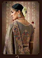 Nakshatra Grey and Purple Tissue silk Bridal saree