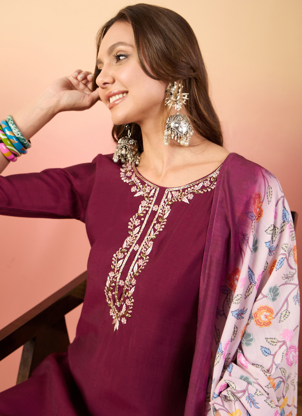 Nakshatra Wine Colored Silk Embroided suit