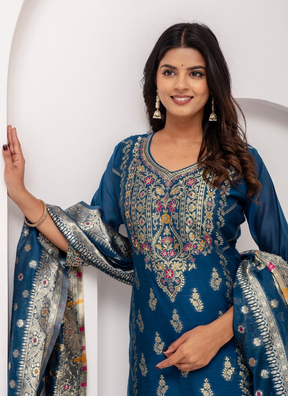 Nakshatra Readymade Teal Blue Silk Suit