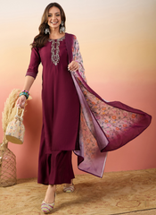 Nakshatra Wine Colored Silk Embroided suit