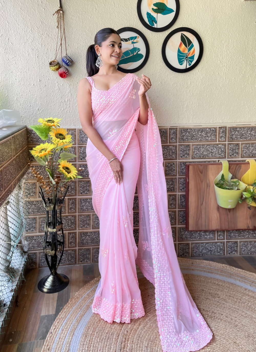 Nakshatra Pink Sequenced Cut Work Saree