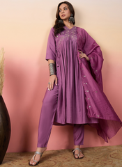 Nakshatra Purple Colored Silk Embroided suit