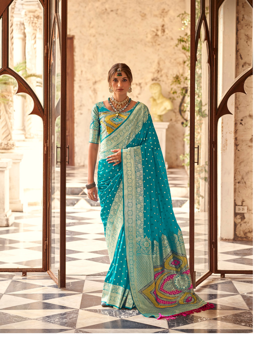 Nakshatra Teal Cyan Zari Weaving Silk Saree