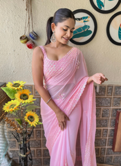 Nakshatra Pink Sequenced Cut Work Saree