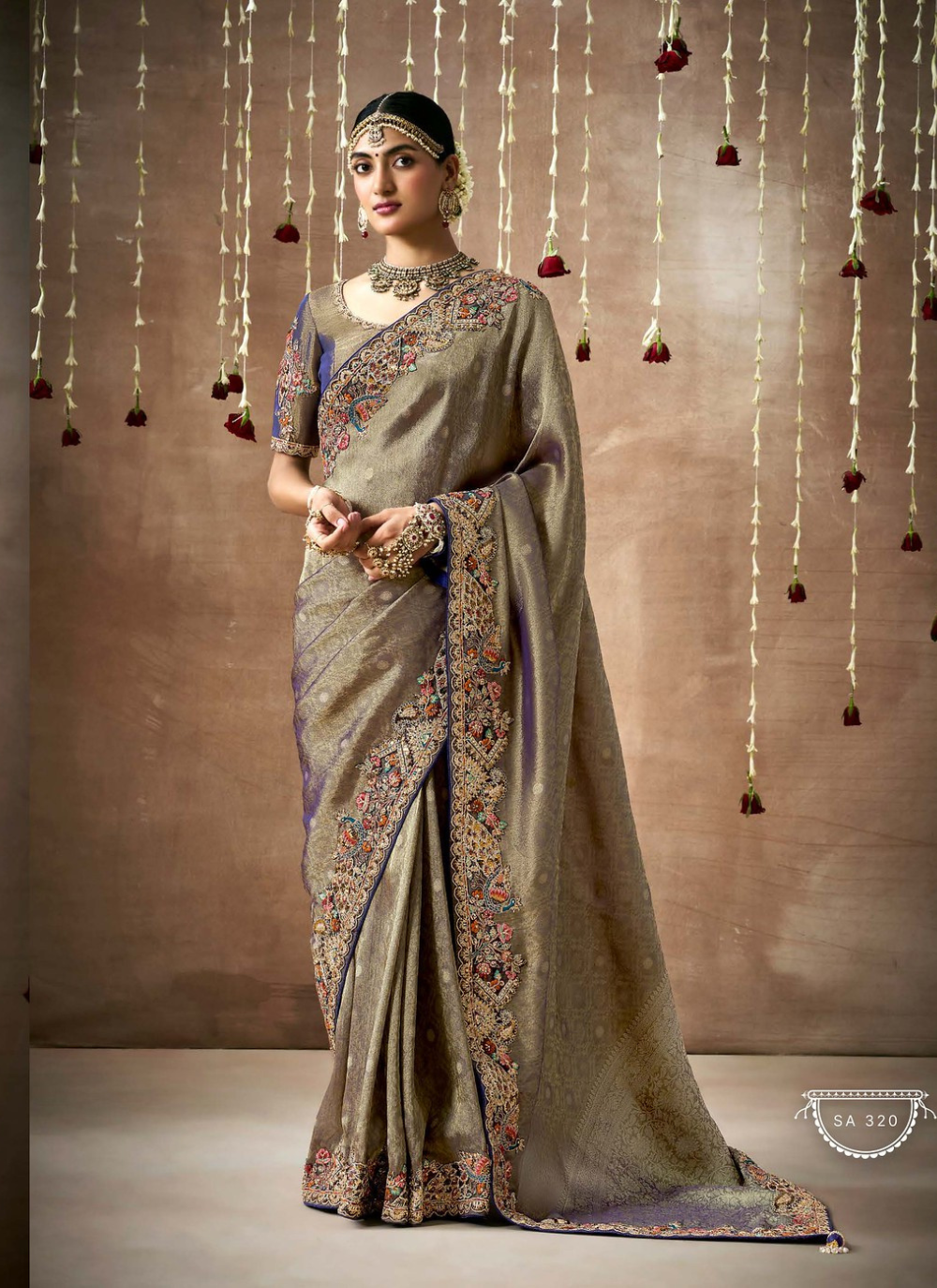 Nakshatra Grey and Purple Tissue silk Bridal saree