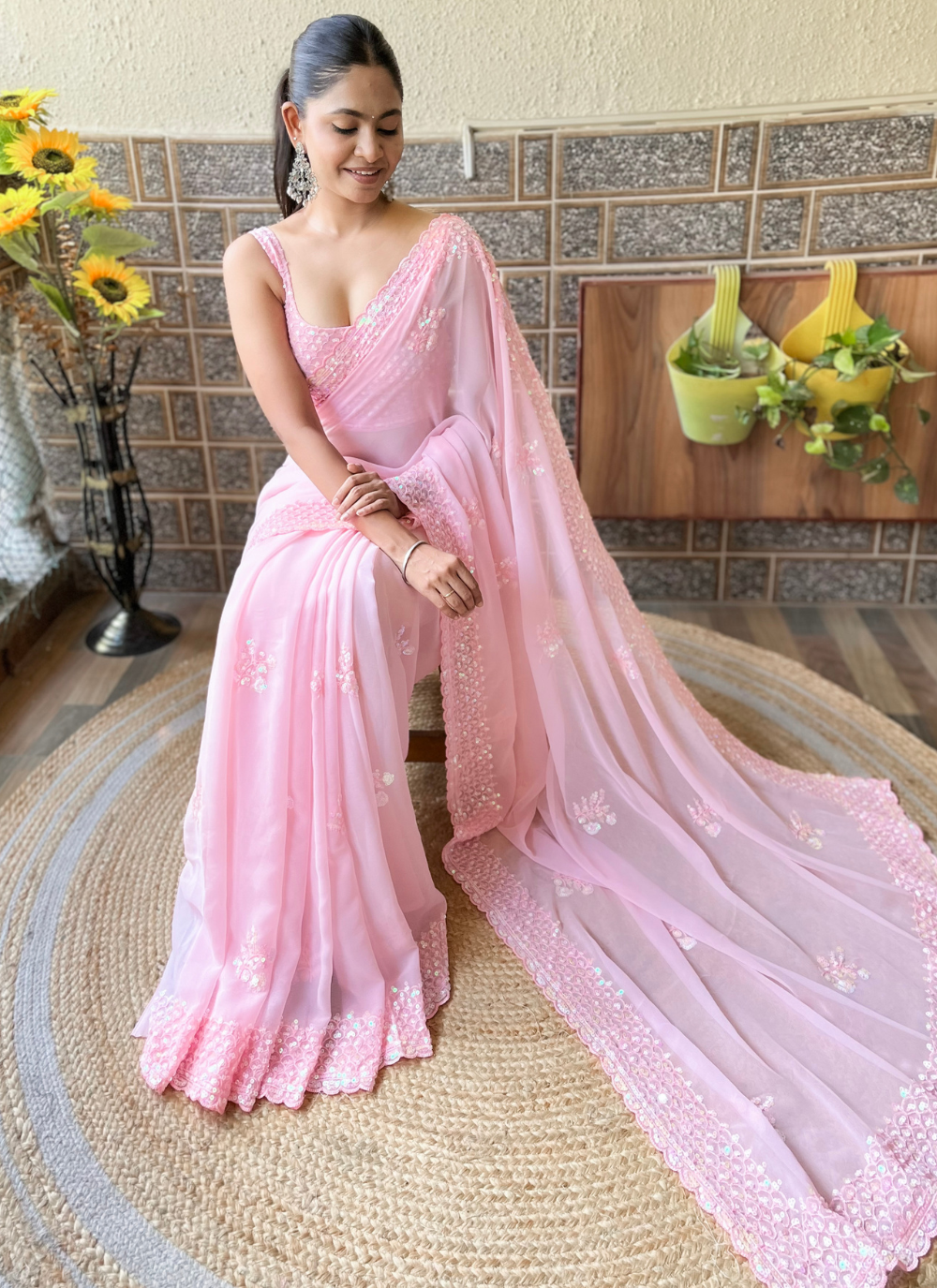 Nakshatra Pink Sequenced Cut Work Saree