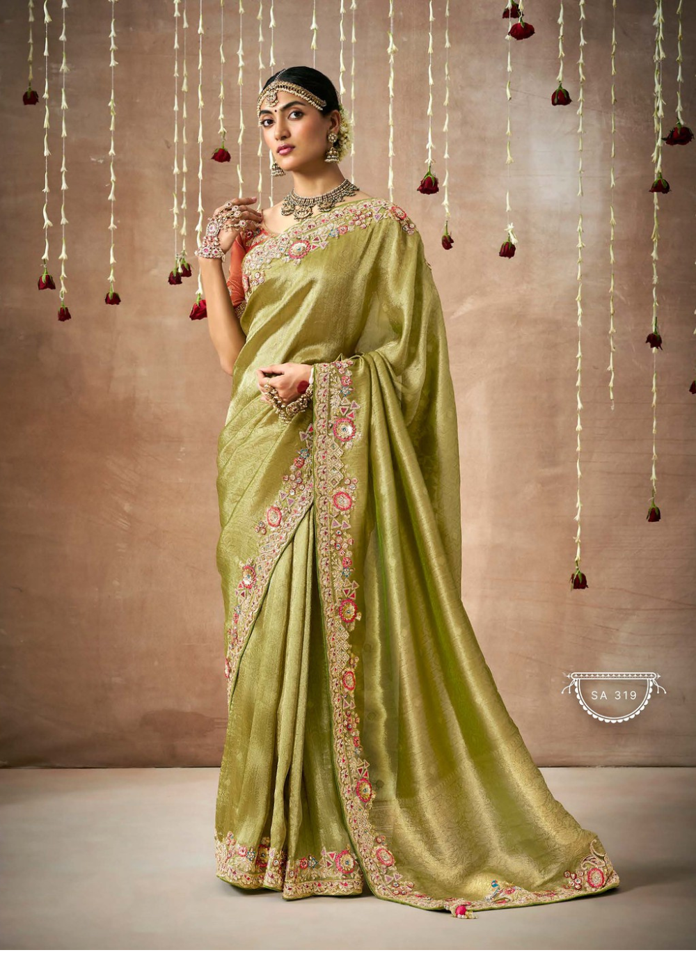 Nakshatra Olive Green Tissue silk Bridal saree