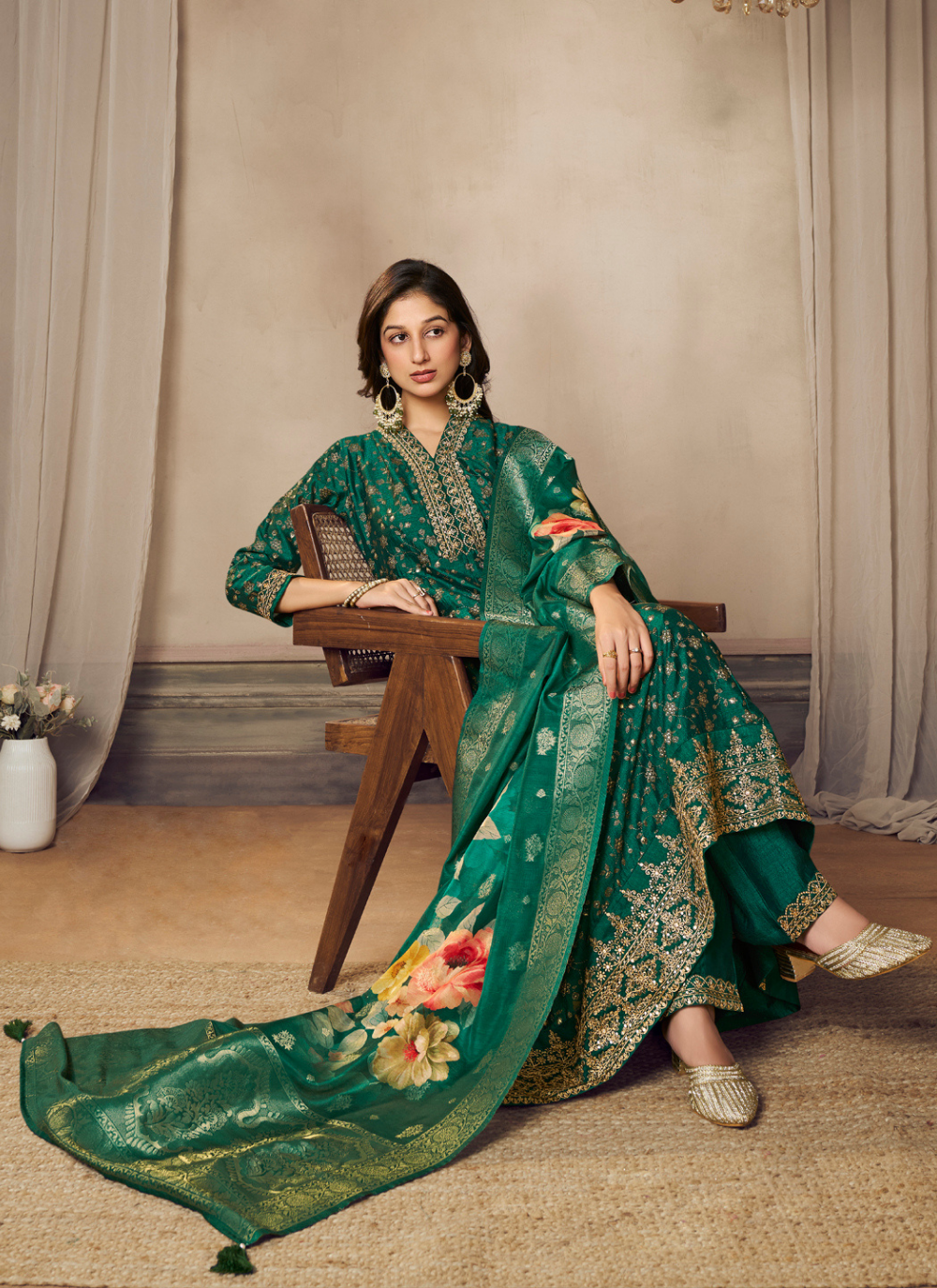 Nakshatra Green Banarsi Silk Anarkali Suit