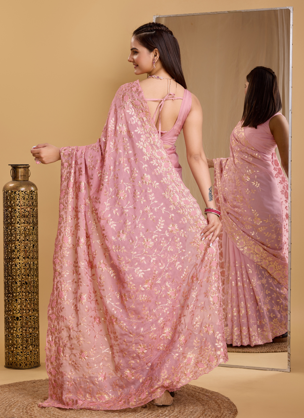 Nakshatra Pink Embroidered Organaza Saree