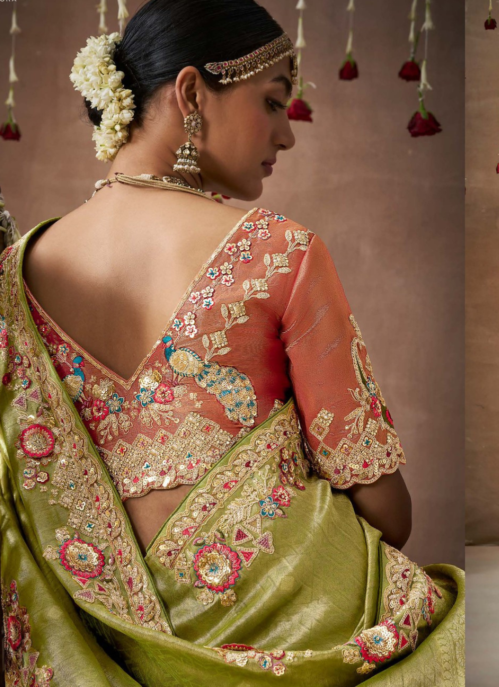 Nakshatra Olive Green Tissue silk Bridal saree