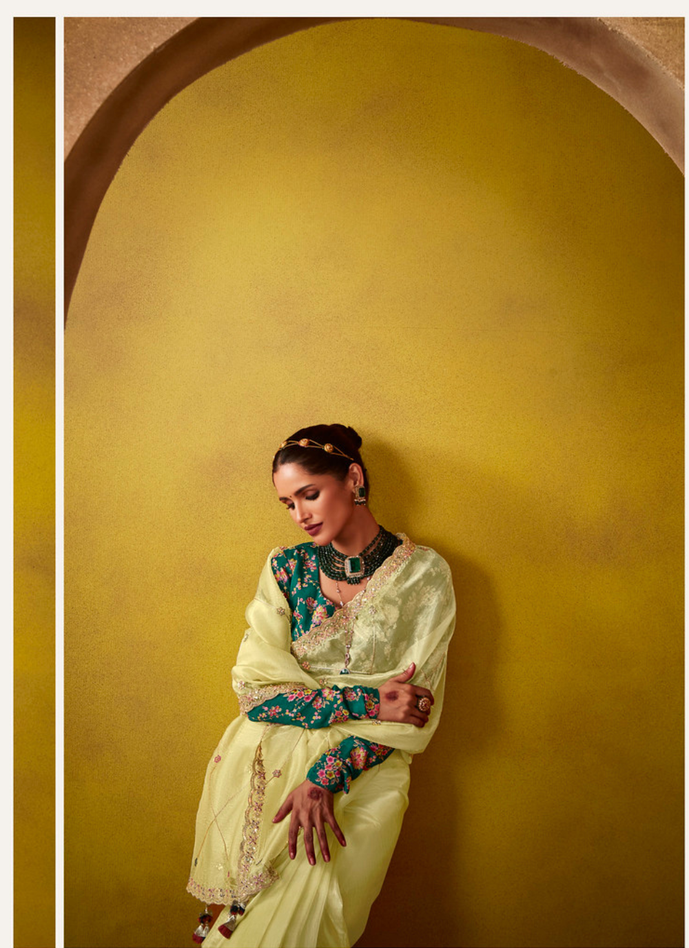 Nakshatra Light Yellow Glass Tissue Saree