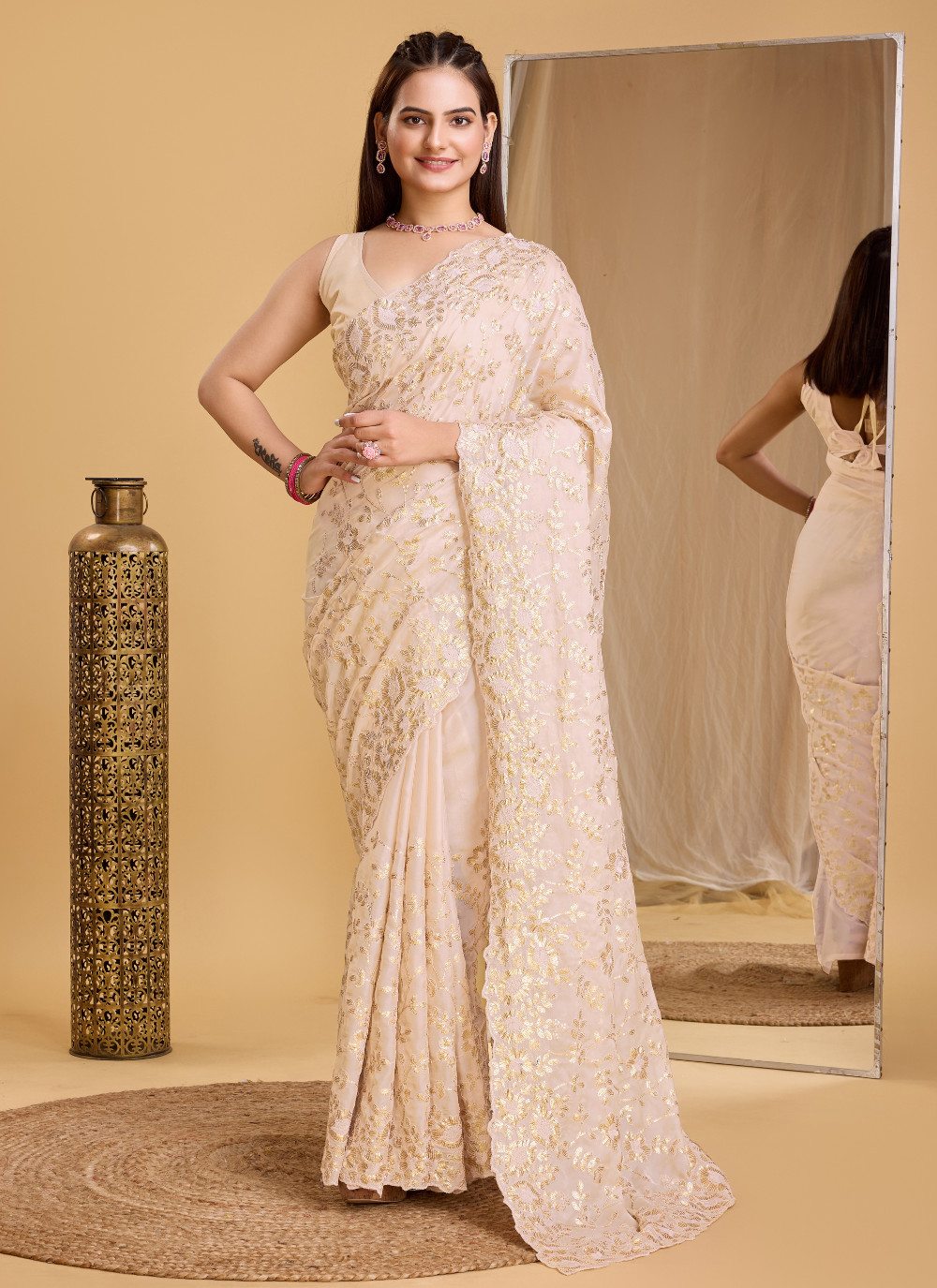 Nakshatra Beige Embroidered Organaza Saree