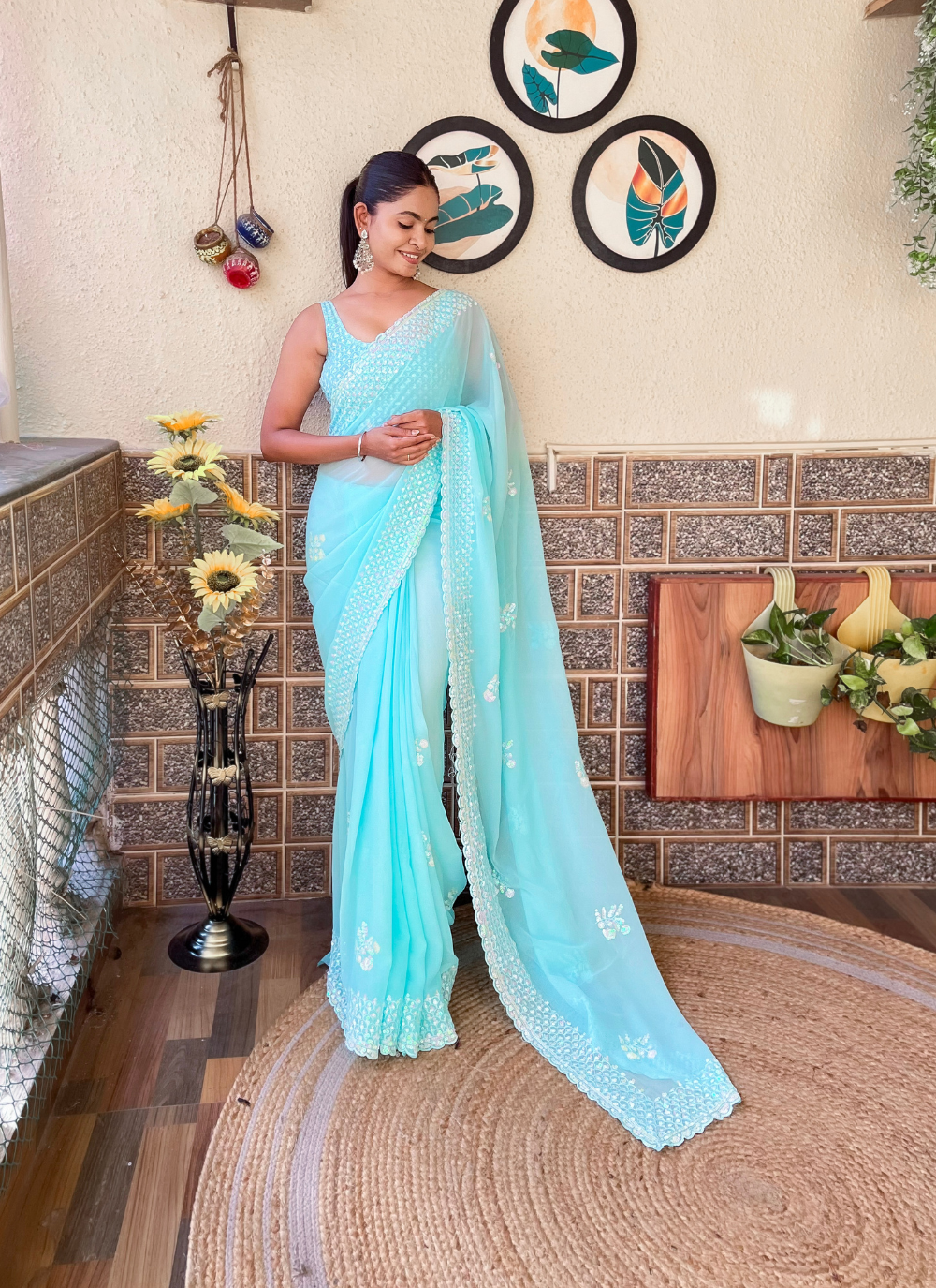 Nakshatra Sky Blue Sequenced Cut Work Saree