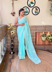 Nakshatra Sky Blue Sequenced Cut Work Saree