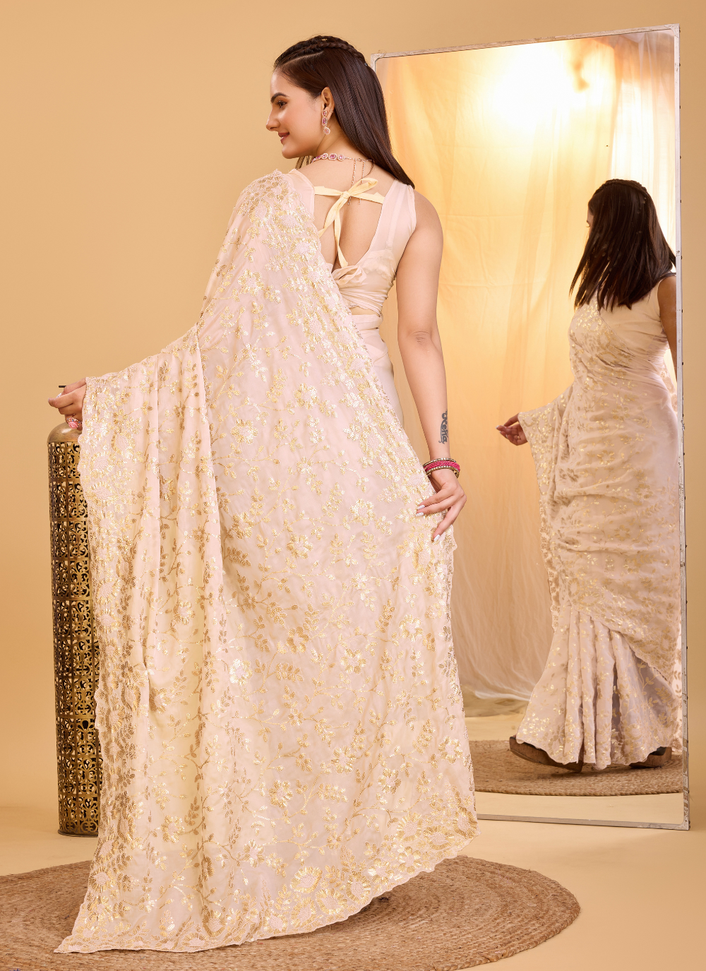 Nakshatra Beige Embroidered Organaza Saree