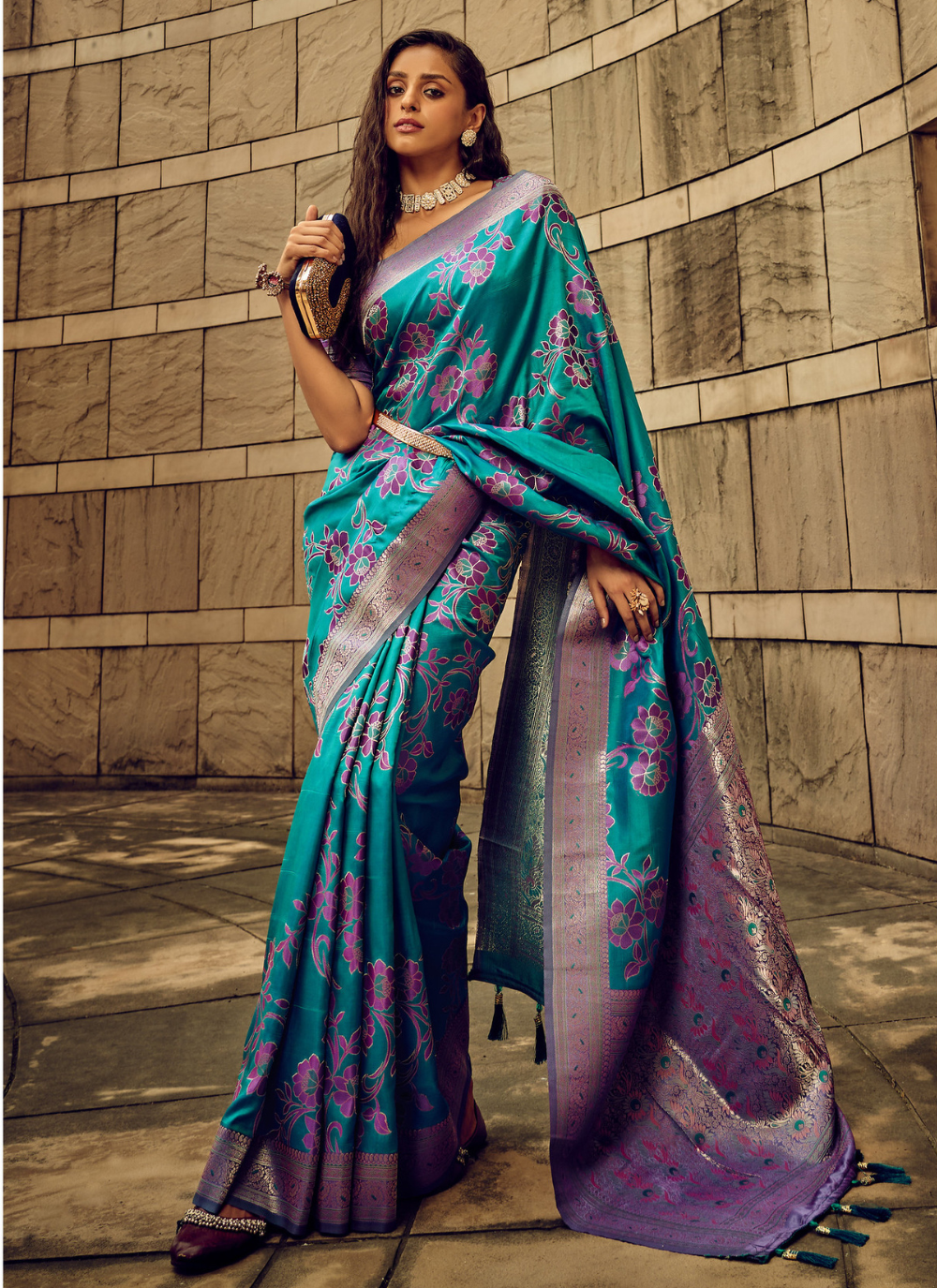 Turquoise Satin silk saree