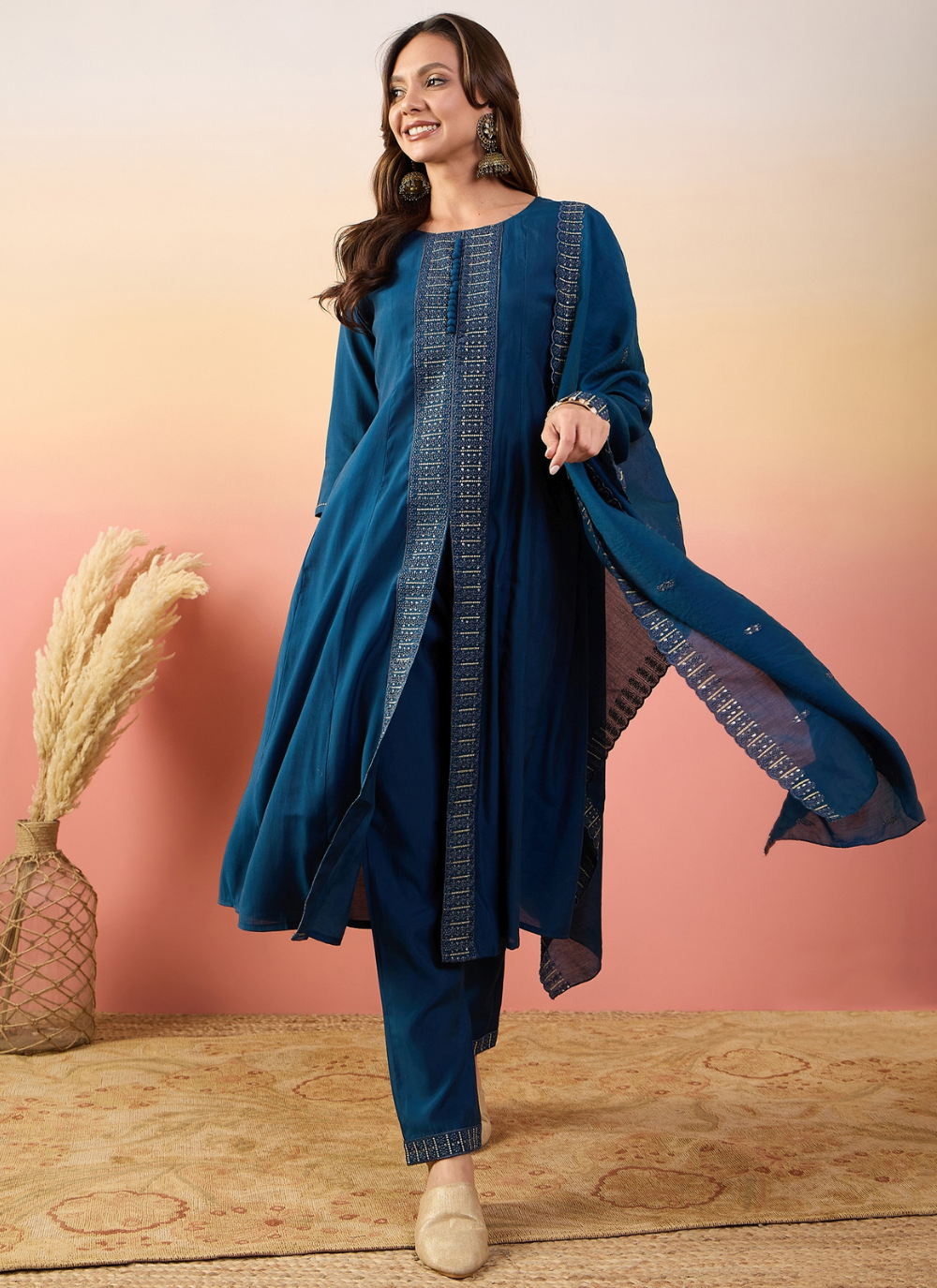 Nakshatra Teal Blue Silk Embroided suit