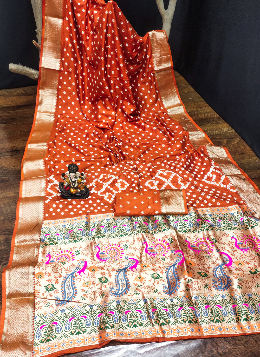 Nakshatra Orange Bandini Saree in Dola Silk