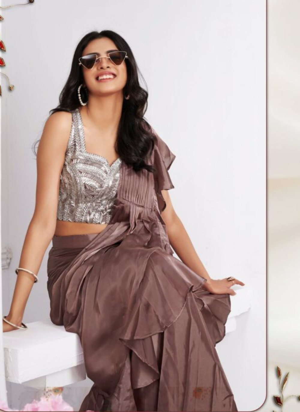 Nakshatra  Chocolate Brown Ready to wear Satin sari