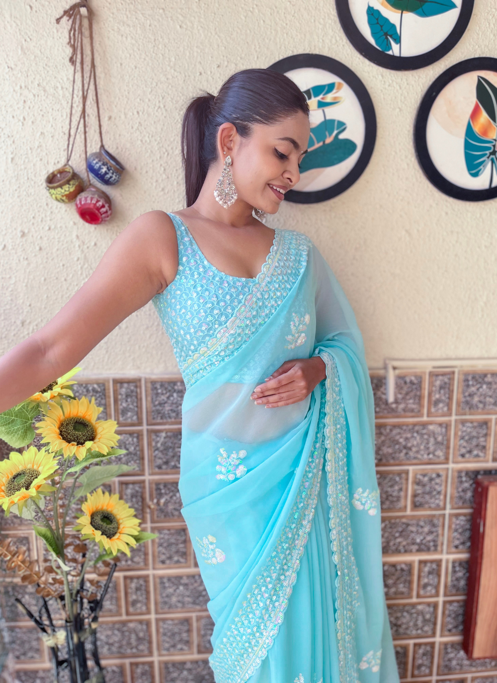 Nakshatra Sky Blue Sequenced Cut Work Saree