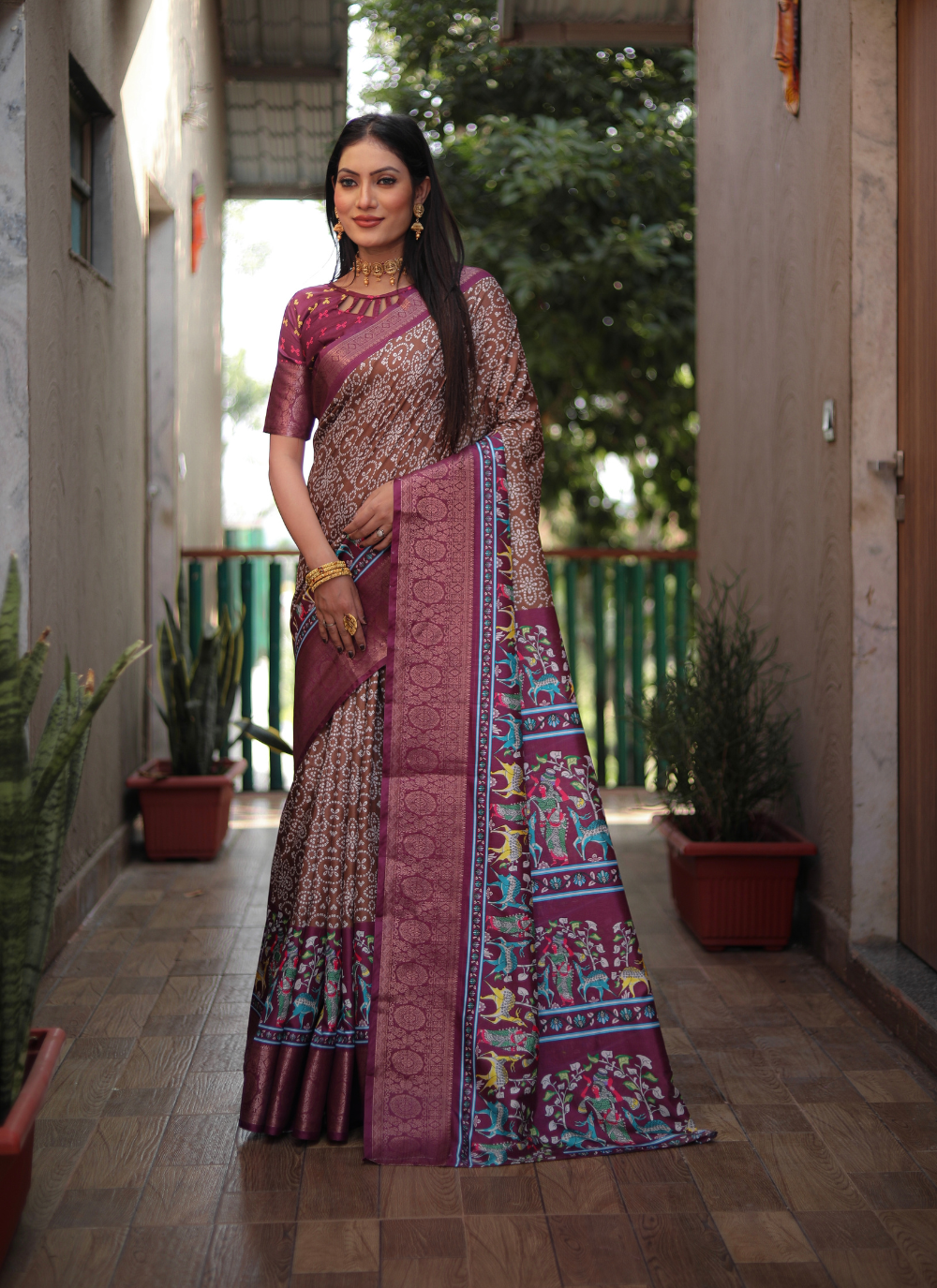 Nakshatra Brown Kalamkari Silk saree