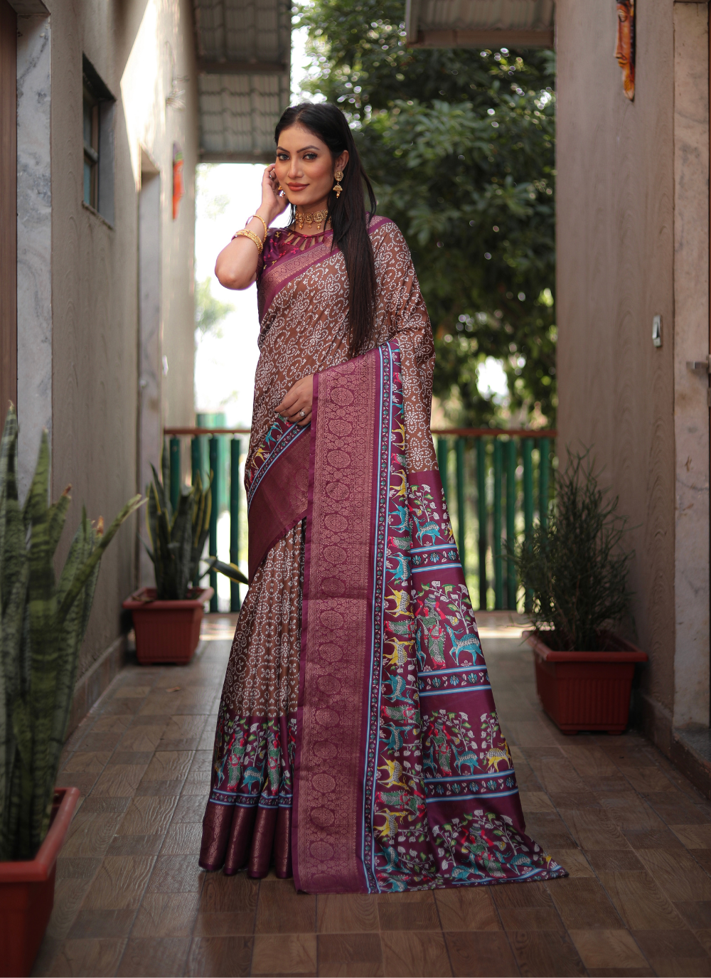 Nakshatra Brown Kalamkari Silk saree