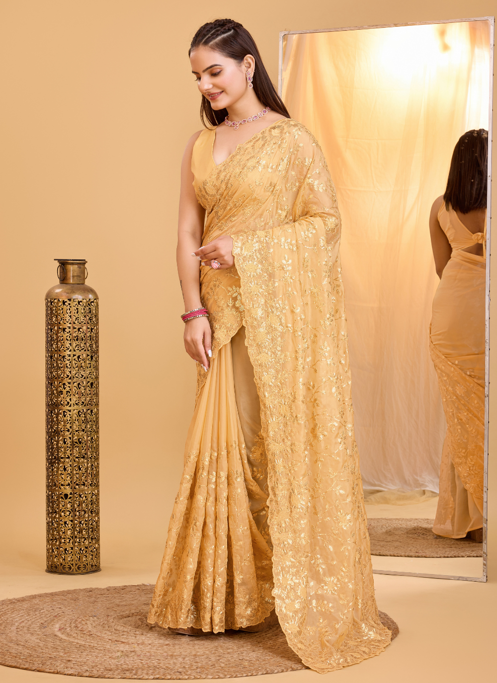 Nakshatra Gold Embroidered Organaza Saree