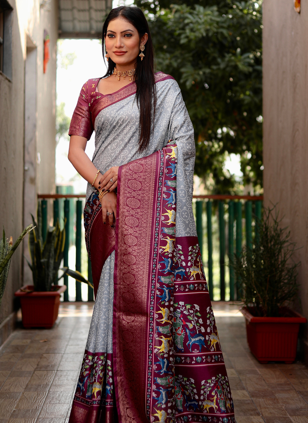 Nakshatra Grey Kalamkari Silk saree