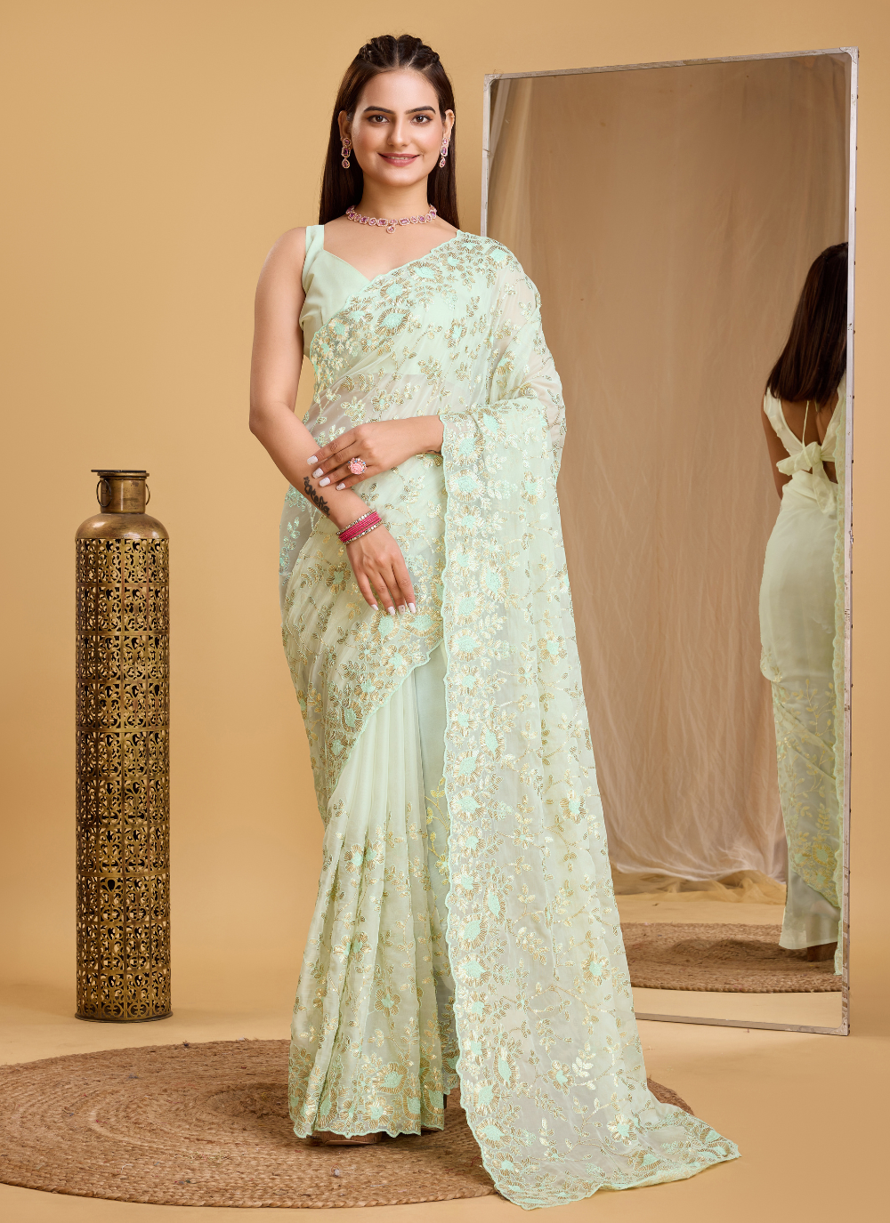 Nakshatra Pista Embroidered Organaza Saree