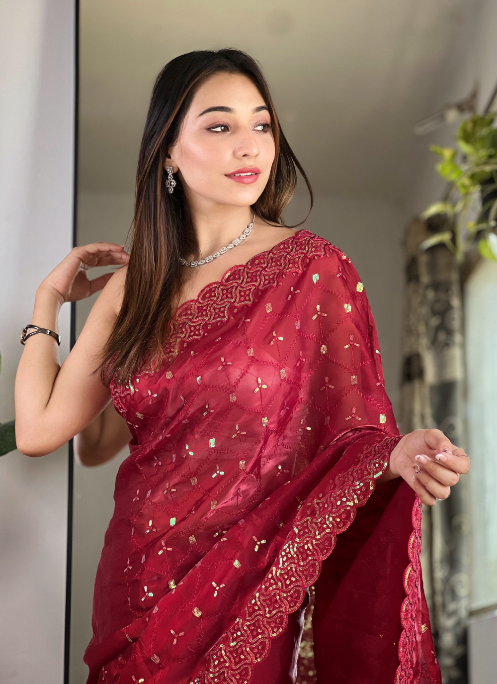 Nakshatra Maroon Trendy Sequin Saree