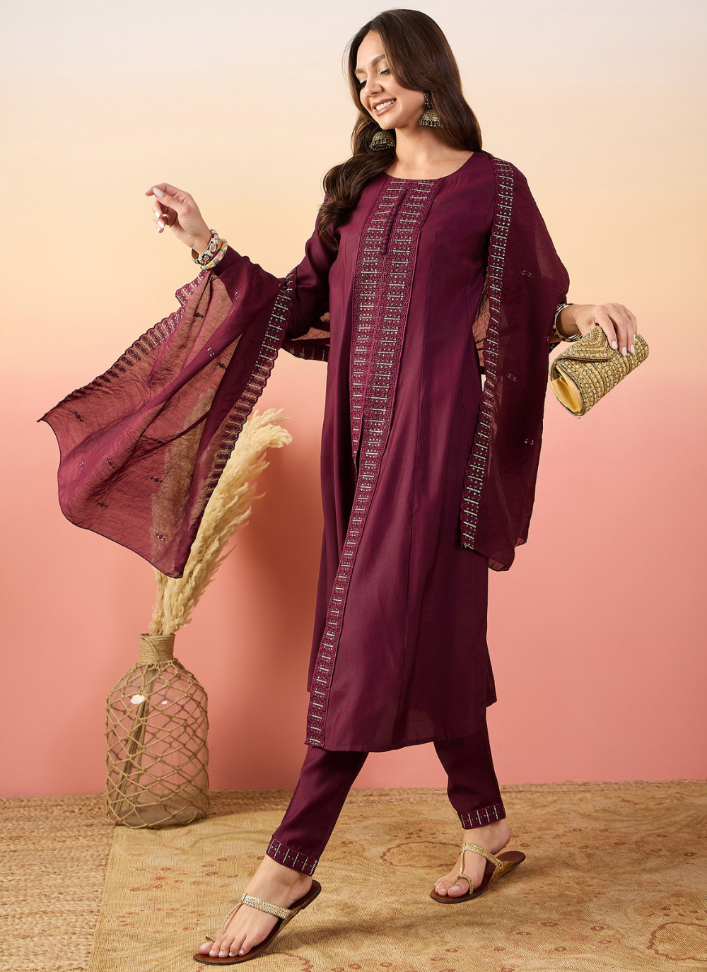 Nakshatra Wine Colored Silk Embroided suit