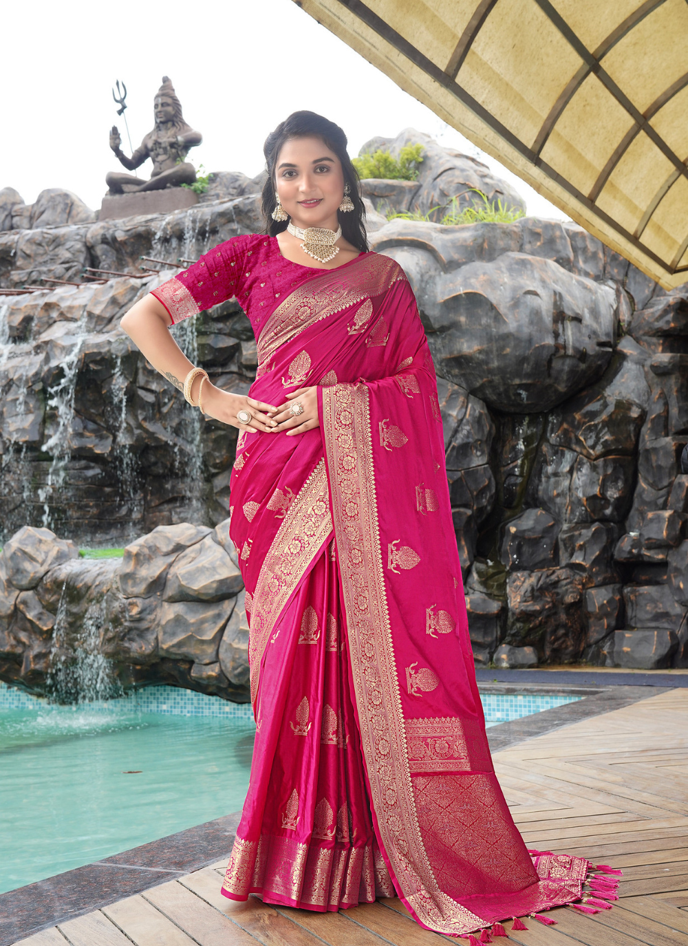 Nakshatra Magenta satin silk saree.