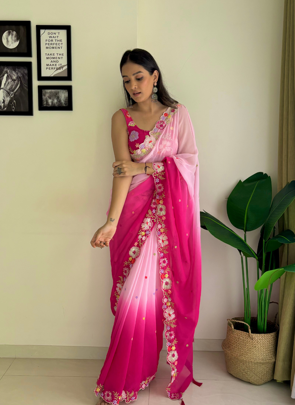 Nakshatra Ombre Red and Pink  Embroided Saree